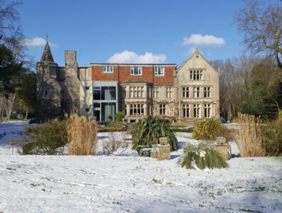 Snow in front of Manor sunken garden